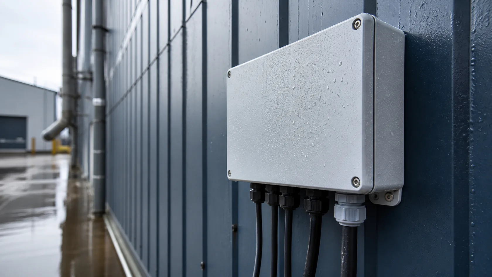 Outdoor electronics enclosure with cable glands after rain