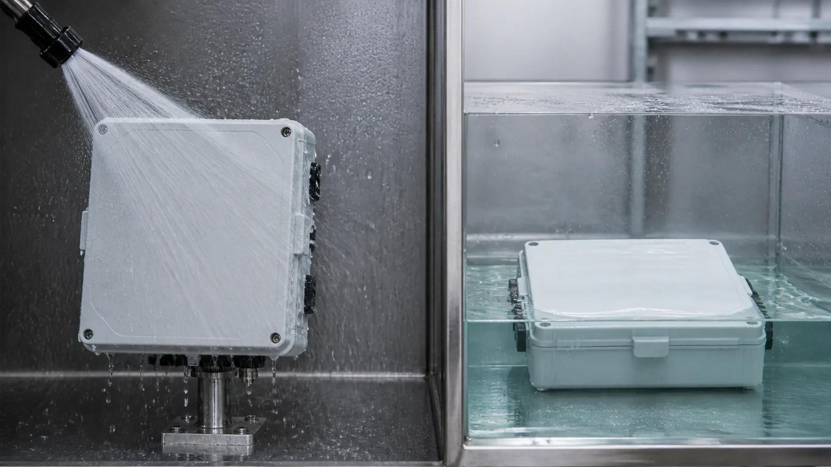 Water jet and immersion testing compared for electronic enclosures