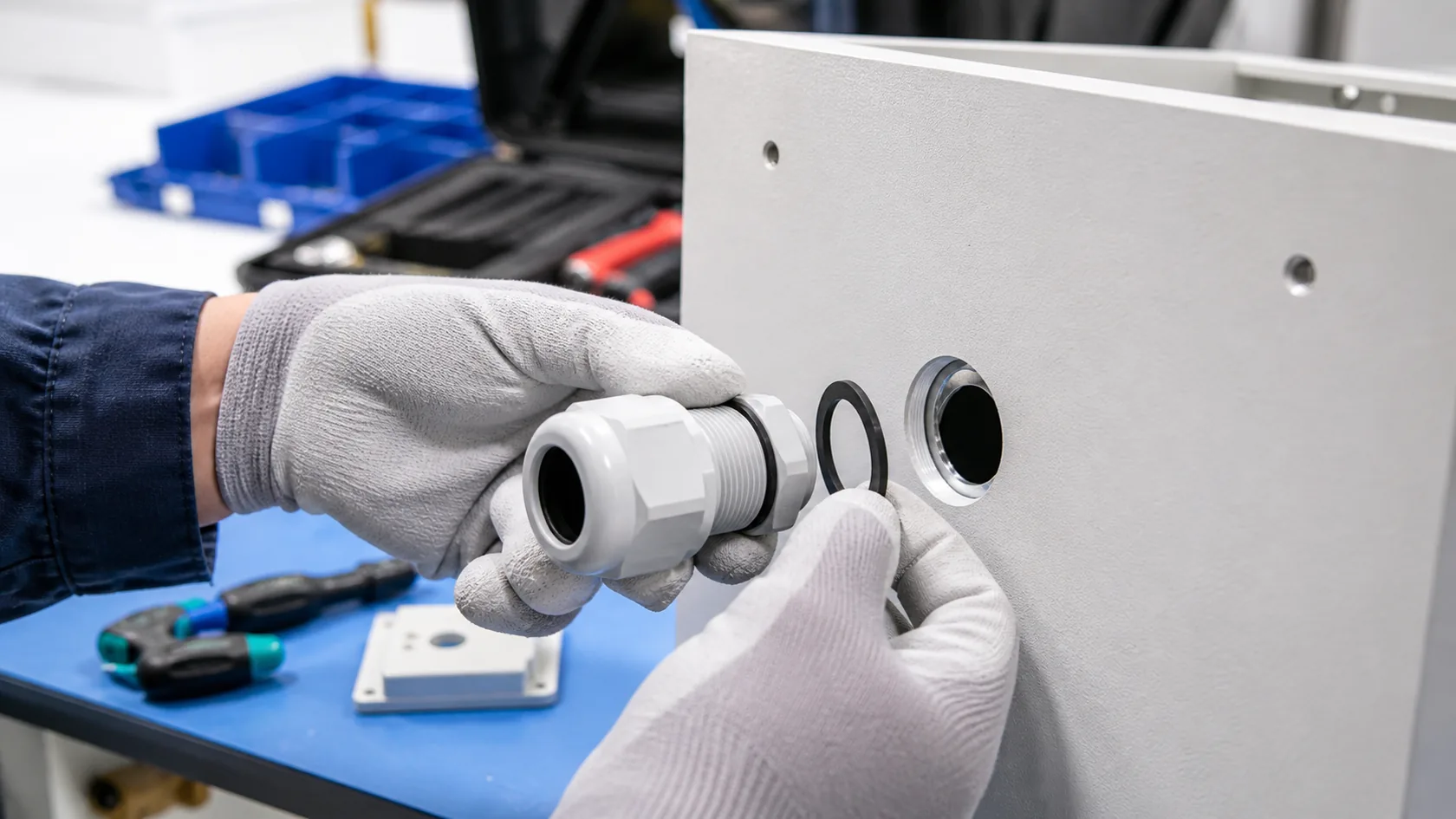 Cable gland and sealing washer installation on custom enclosure