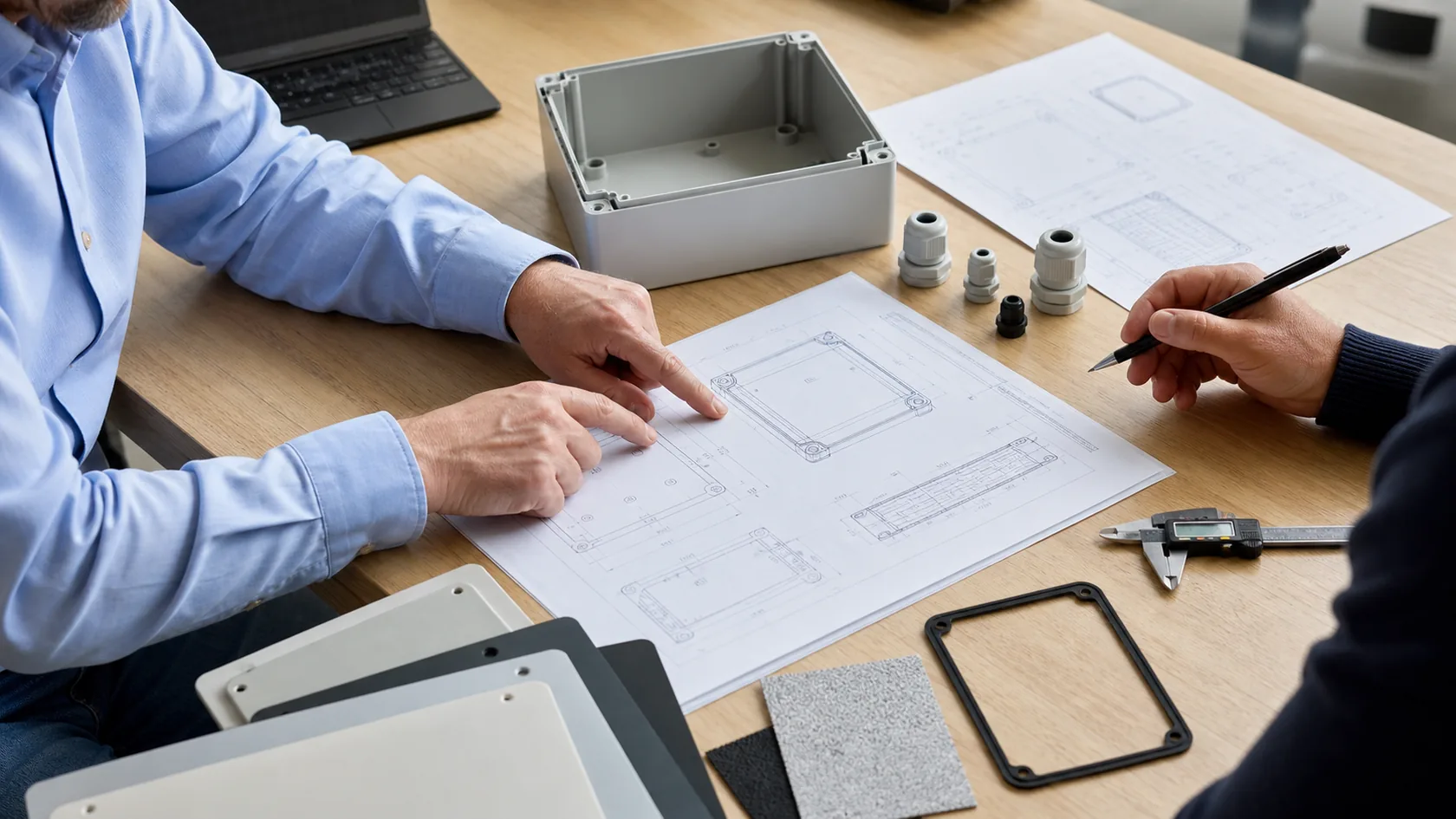 Supplier and buyer reviewing custom enclosure waterproof specification