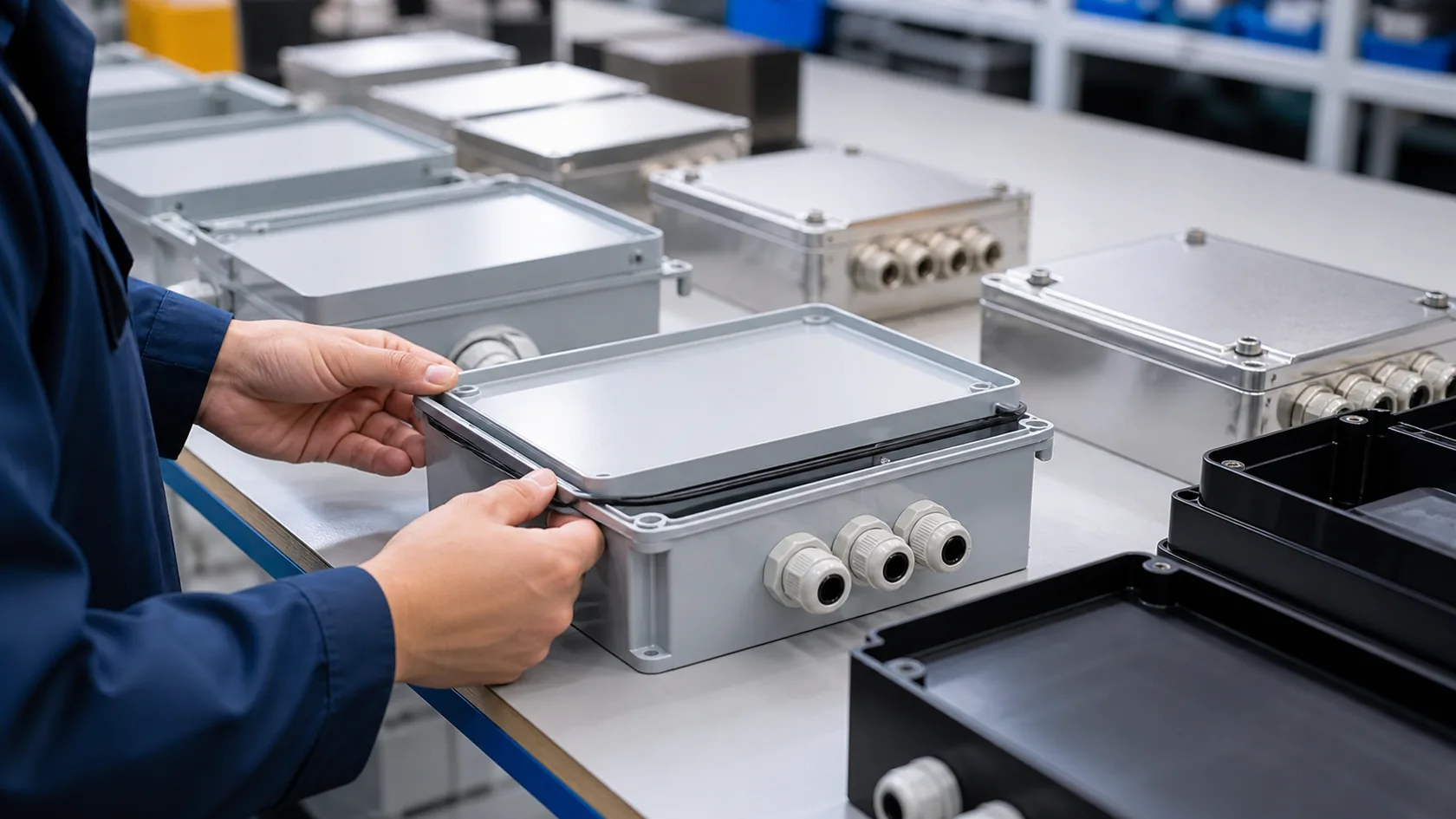 Final QC inspection of custom electronic enclosures before packing