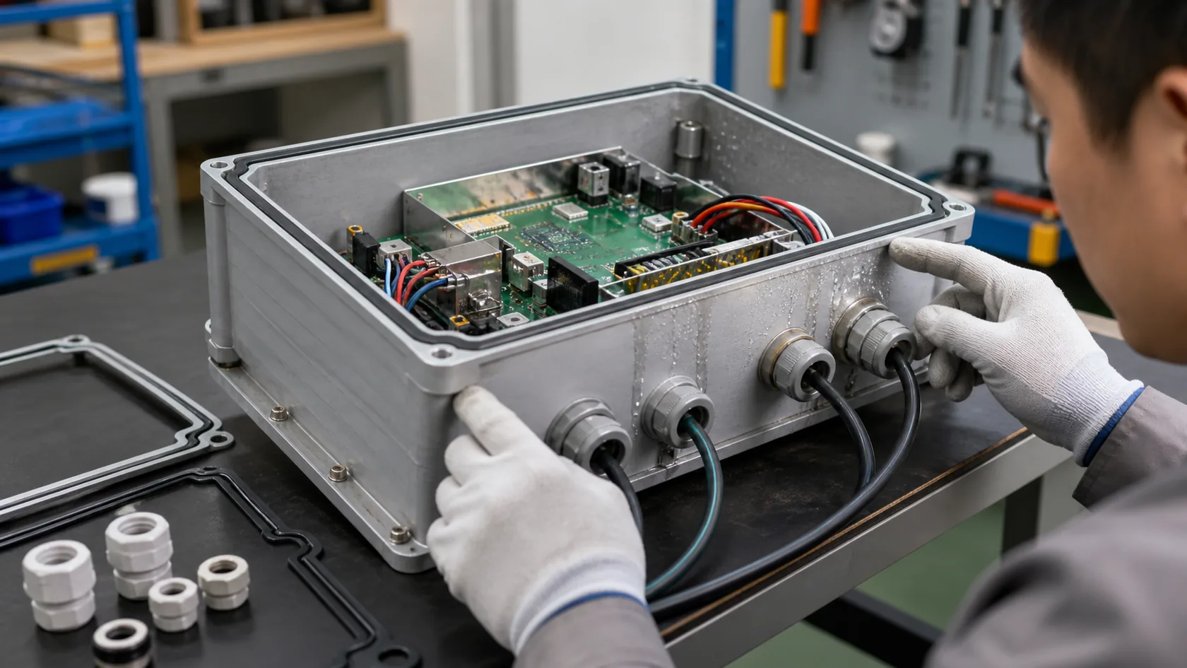 Returned outdoor IP66 enclosure inspected on a QC bench