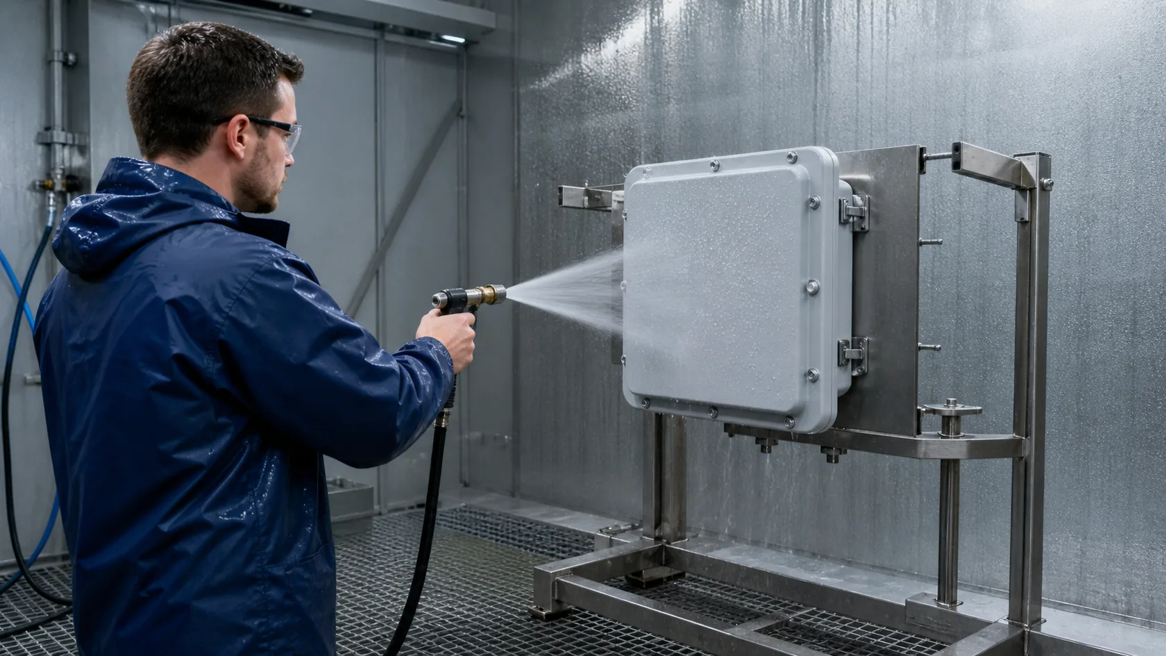 Controlled water spray test for an IP66 electrical enclosure
