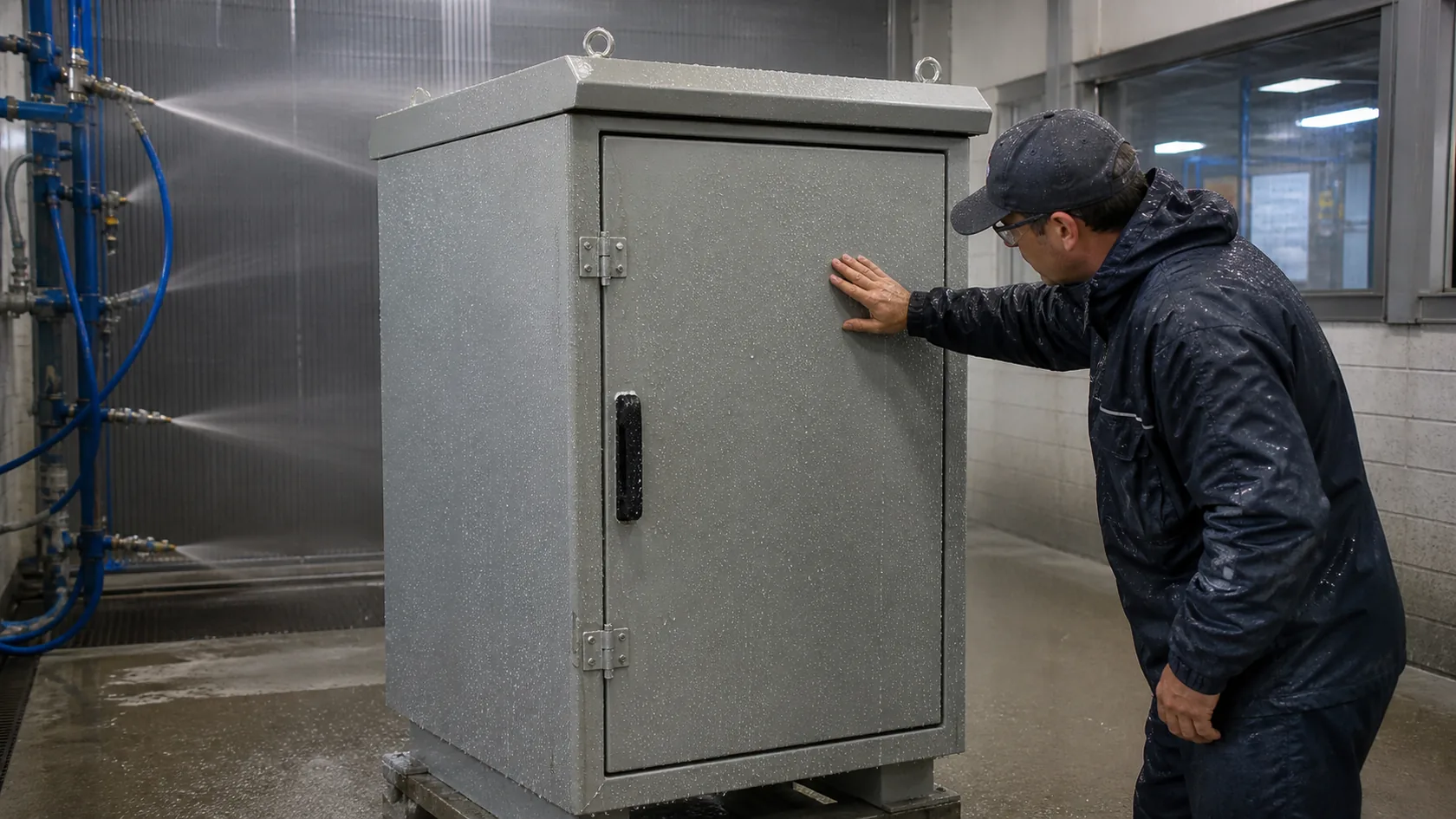 IP66 water jet testing for sealed outdoor enclosure in factory QC