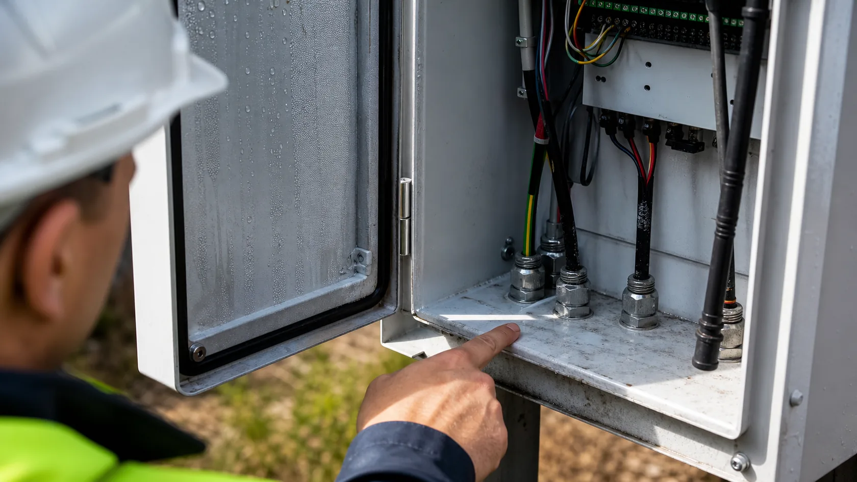 Moisture and cable gland weak points inside outdoor electrical enclosure