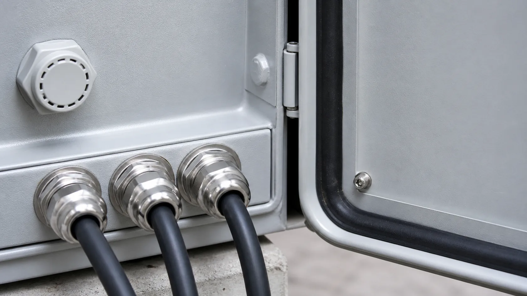 Cable glands gaskets washers and pressure vent sealing details for outdoor enclosure