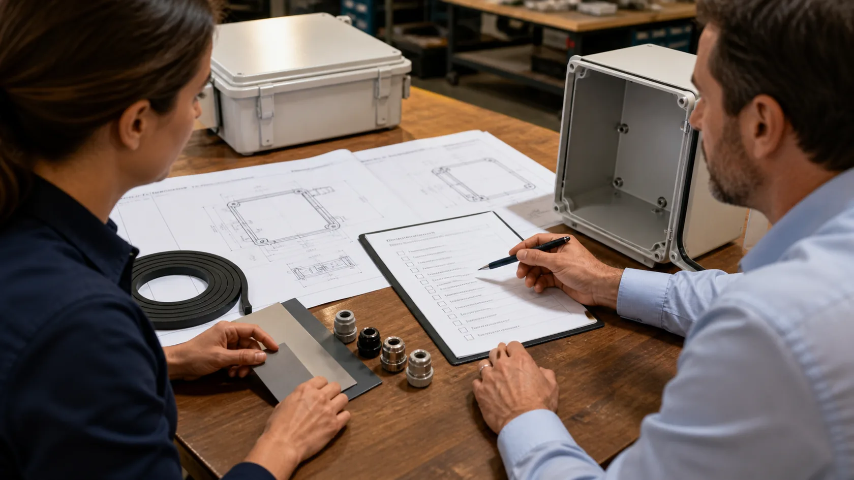 Supplier and buyer reviewing outdoor enclosure specification and sealing checklist