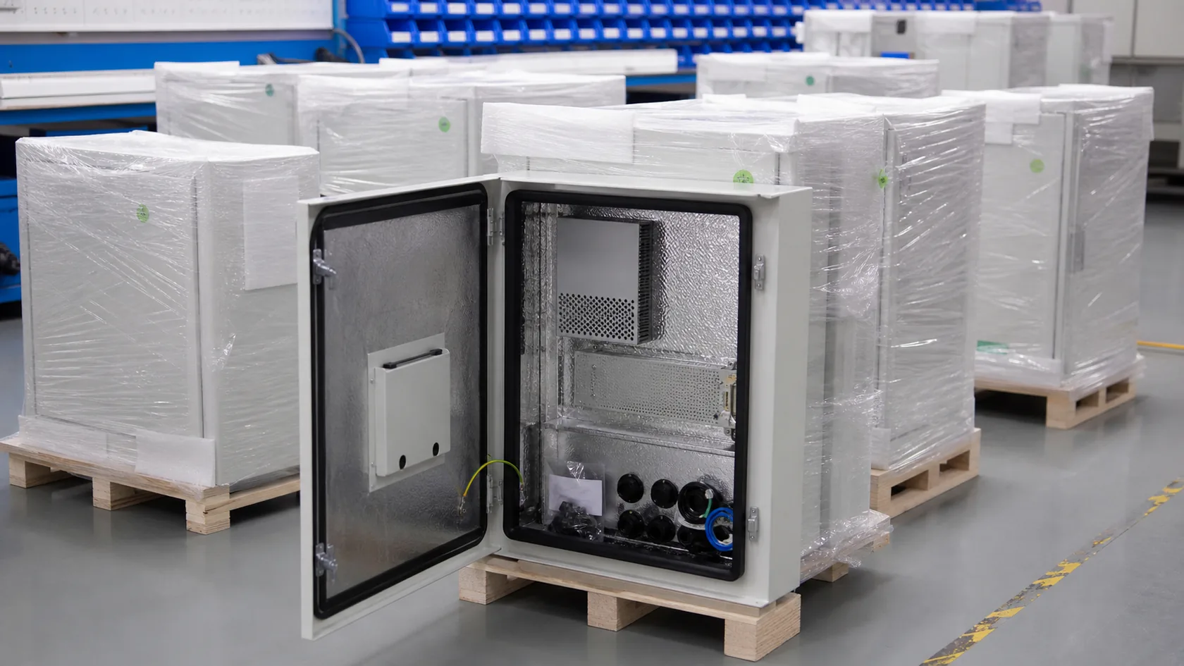 Finished custom outdoor enclosures packed for shipment after QC inspection
