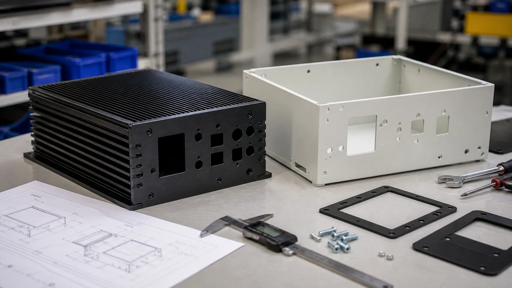Black anodized CNC housing compared with white powder coated sheet metal enclosure