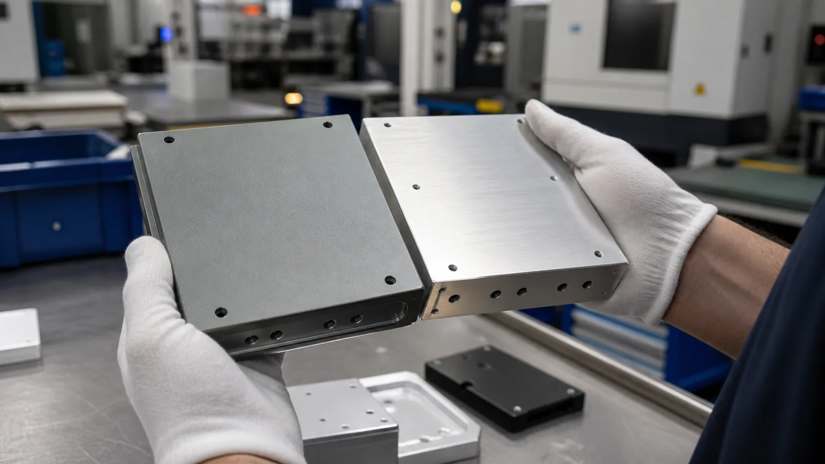 Powder coated and anodized aluminum enclosure samples compared under inspection light