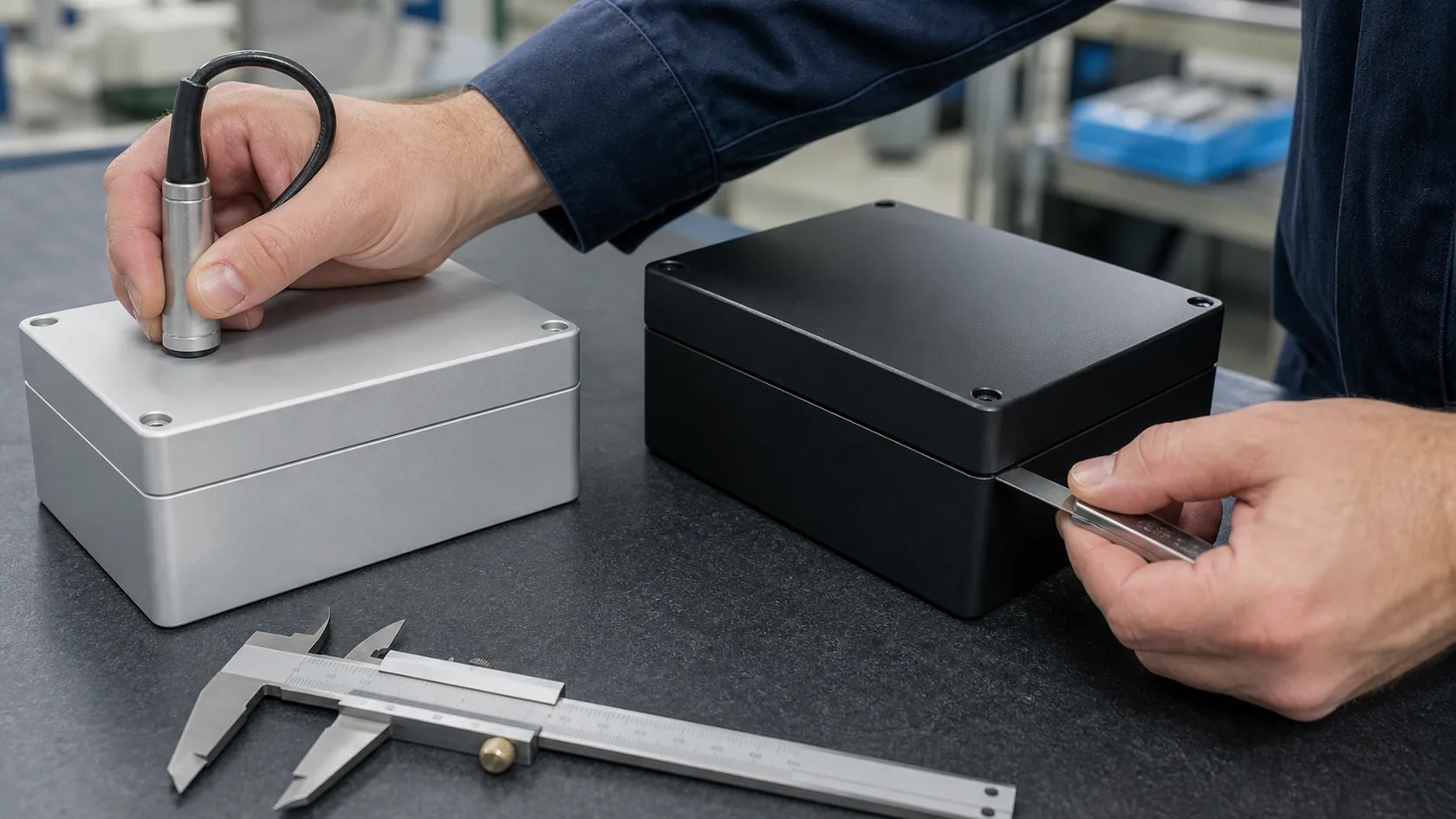 Technician checking coating thickness and lid clearance on finished aluminum enclosures