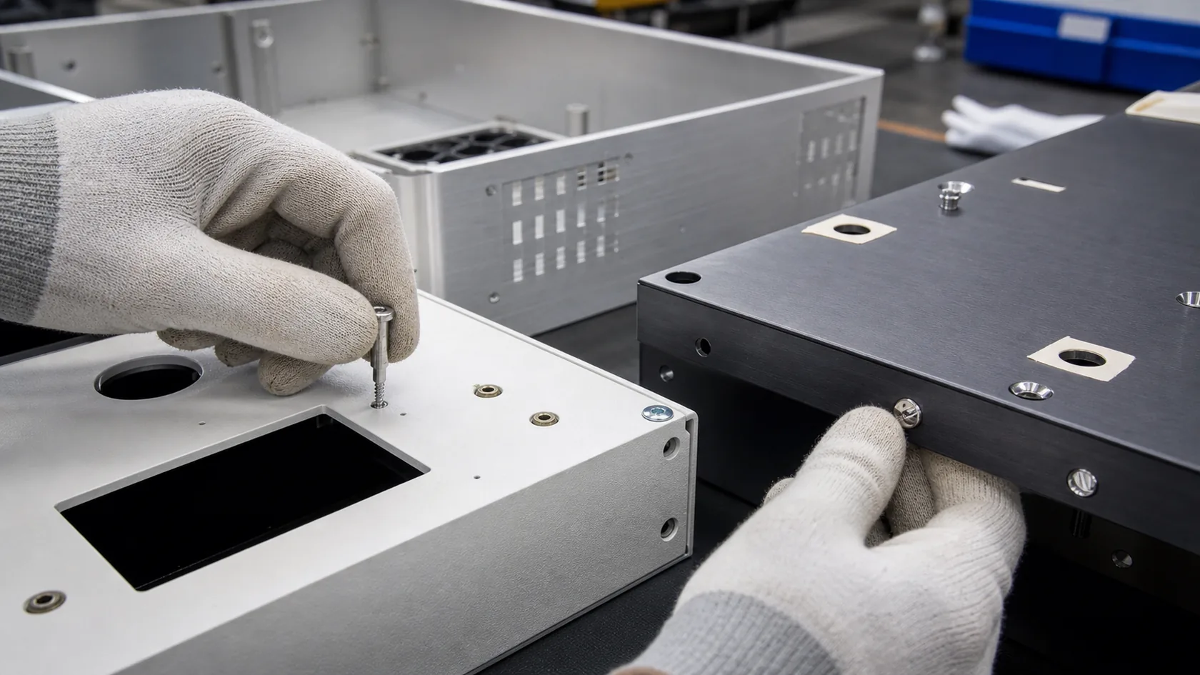 Gloved technician testing screws in threaded holes after powder coating and anodizing