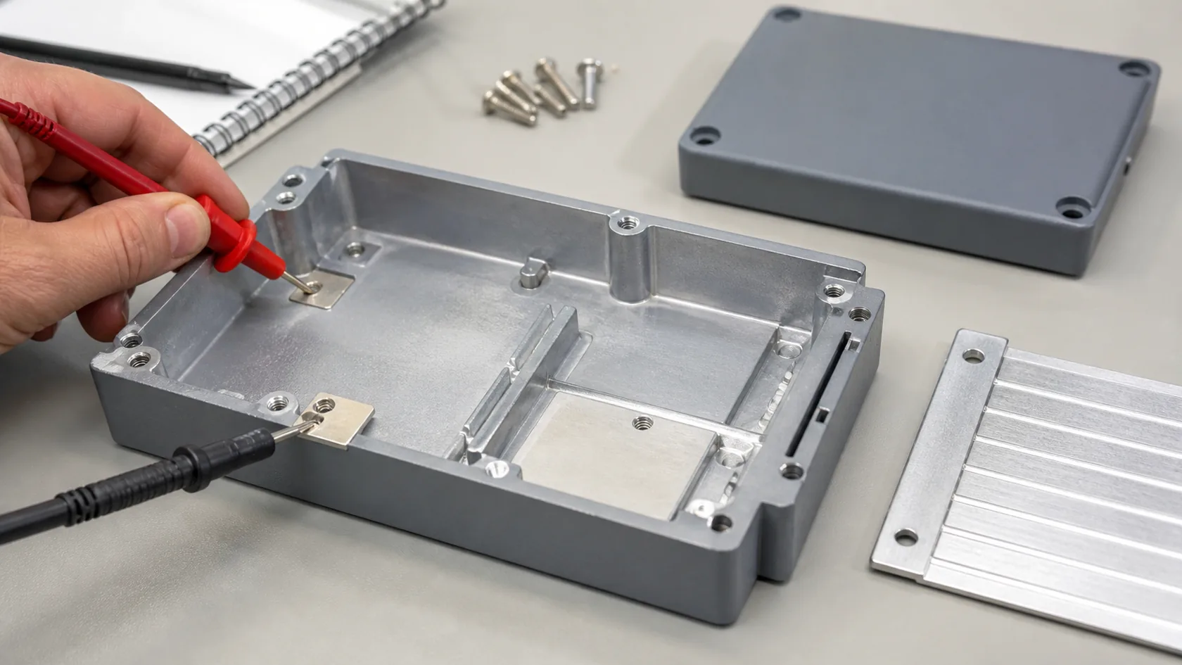 Multimeter probe checking grounding contact pads inside aluminum electronics enclosure