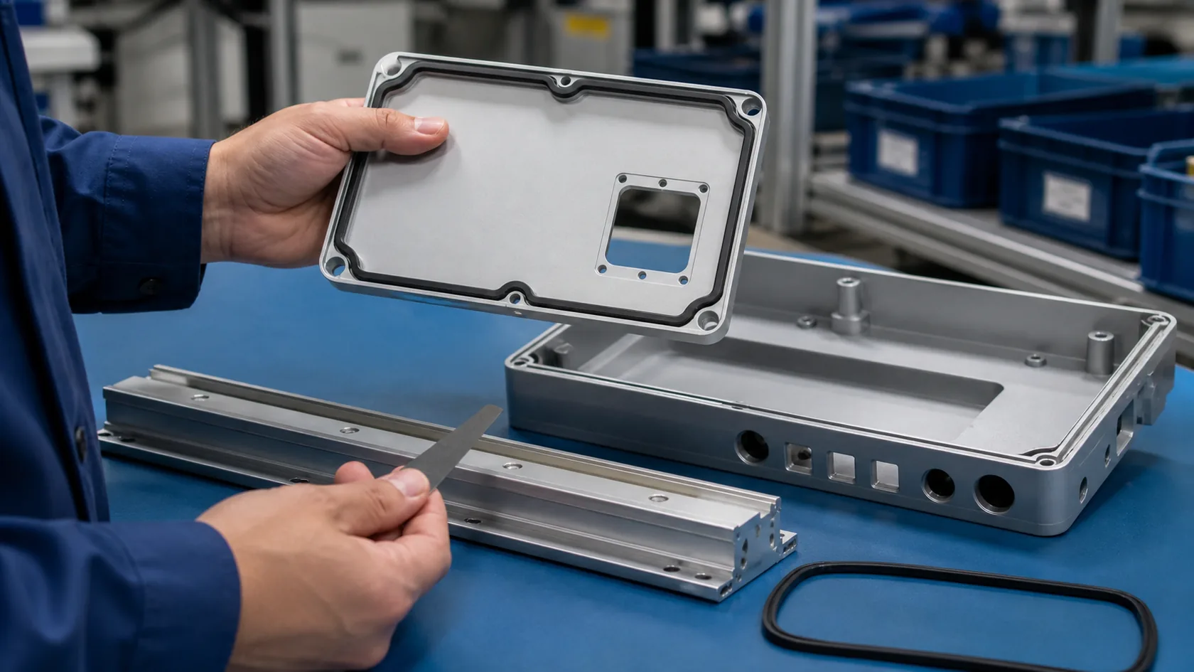 Technician checking gasket groove sealing face and sliding rail clearance on aluminum enclosure
