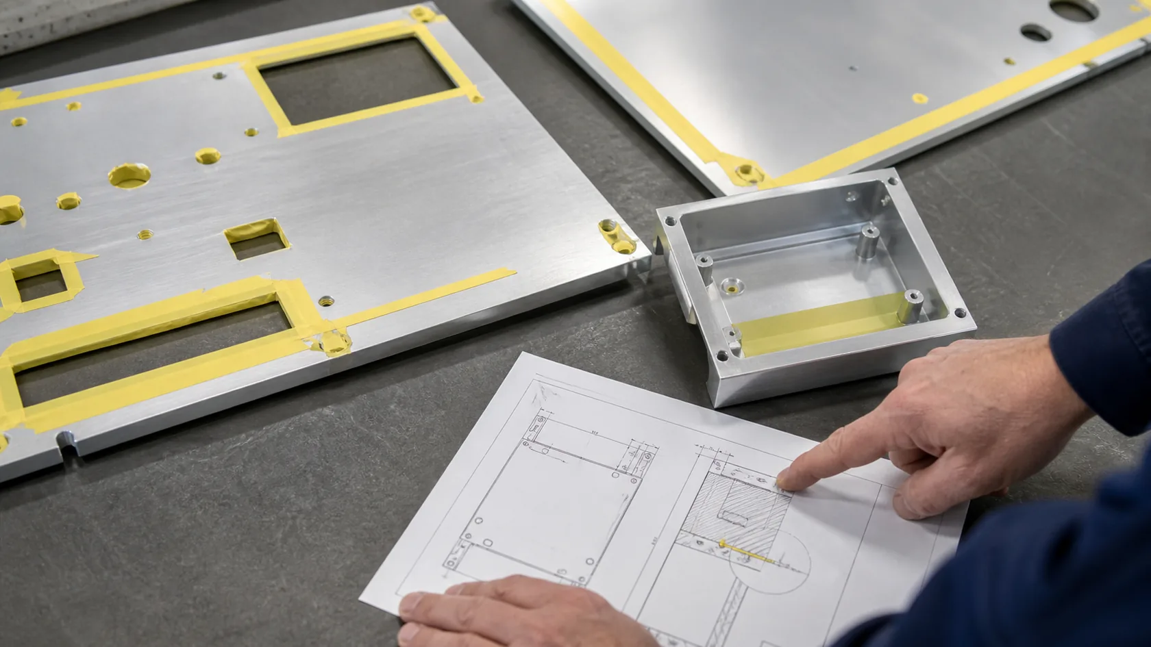 Masked aluminum panels showing threads grounding pads gasket areas and finish boundaries