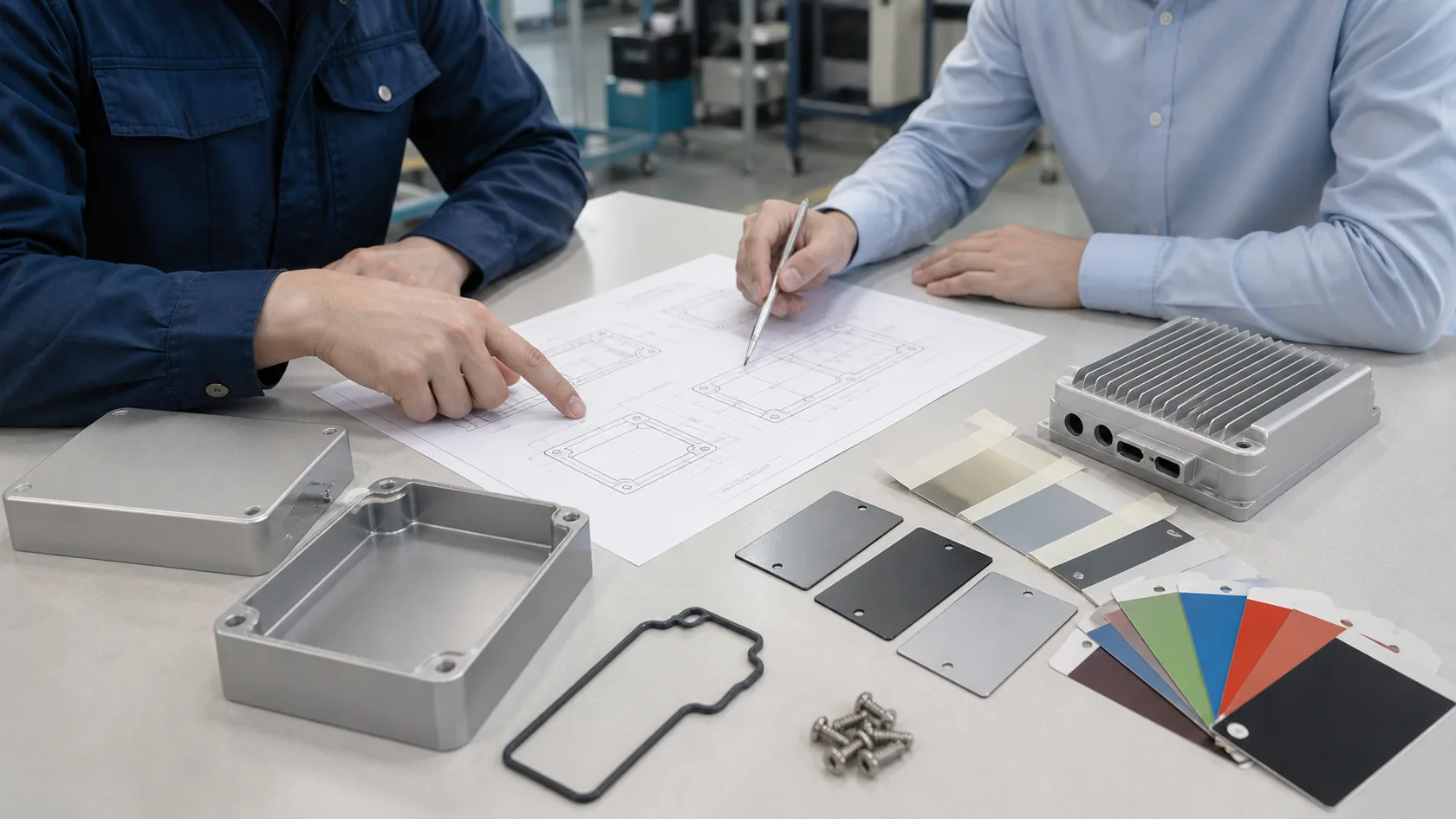 Engineer reviewing aluminum enclosure drawing with finish samples screws gasket and color swatches