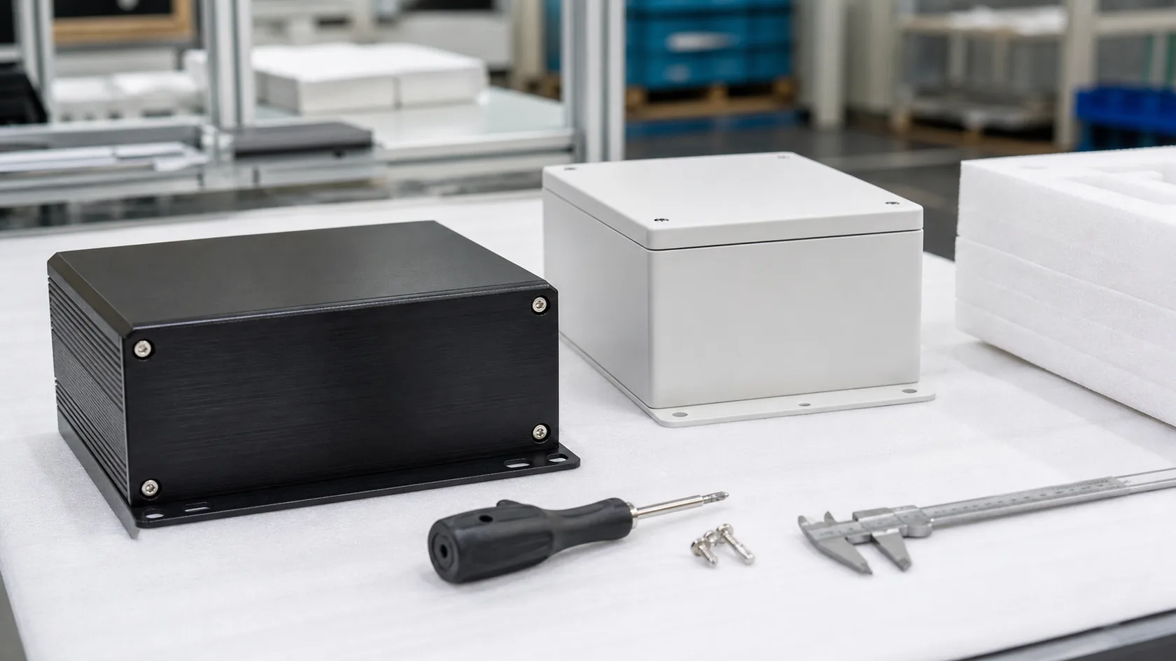 Finished anodized and powder coated enclosures assembled for final inspection and packing