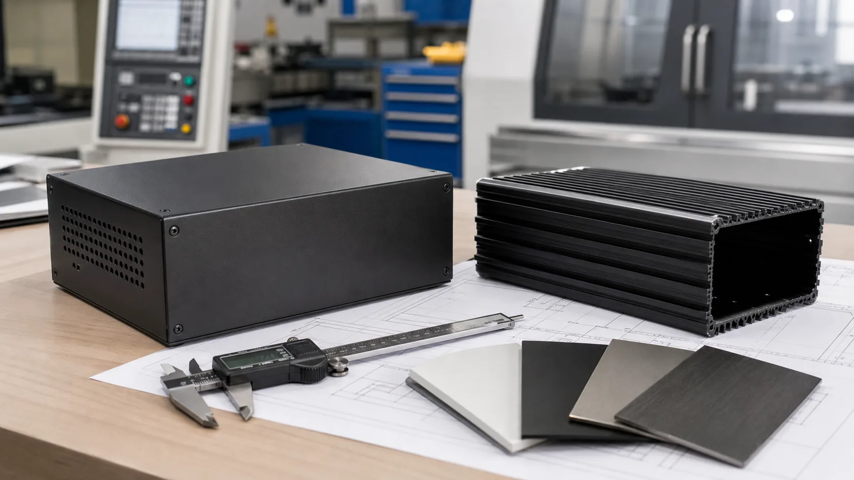 Powder-coated and anodized custom electronic enclosures compared on an engineering desk