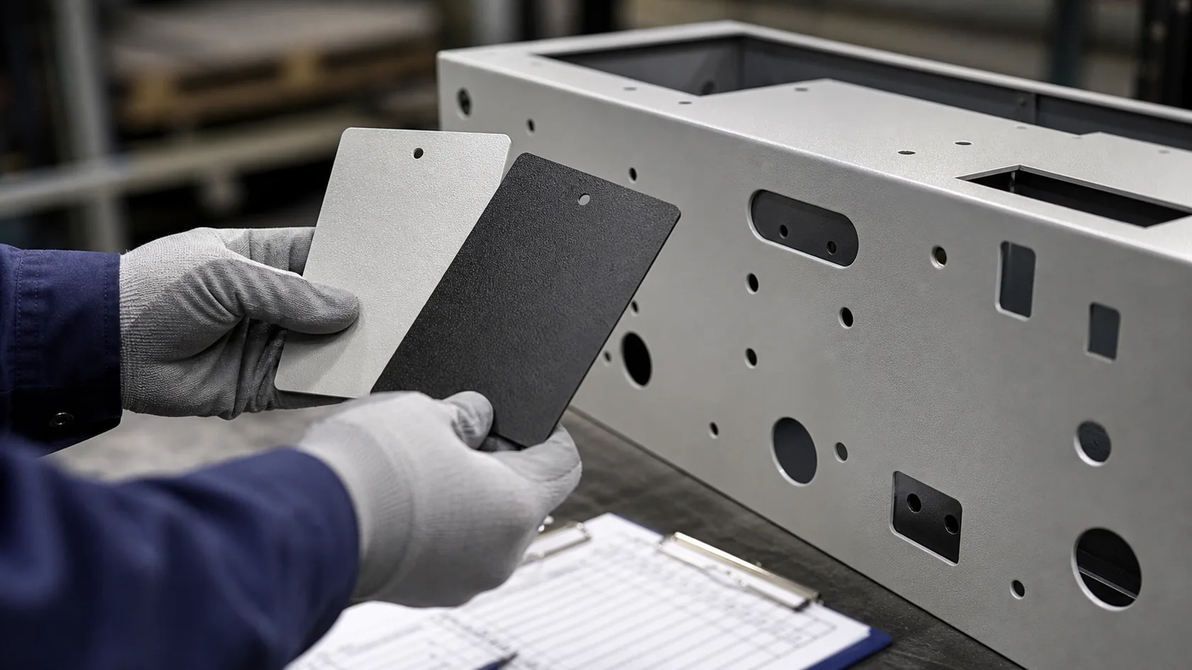 Engineer comparing finish sample plates beside a custom enclosure with holes and slots