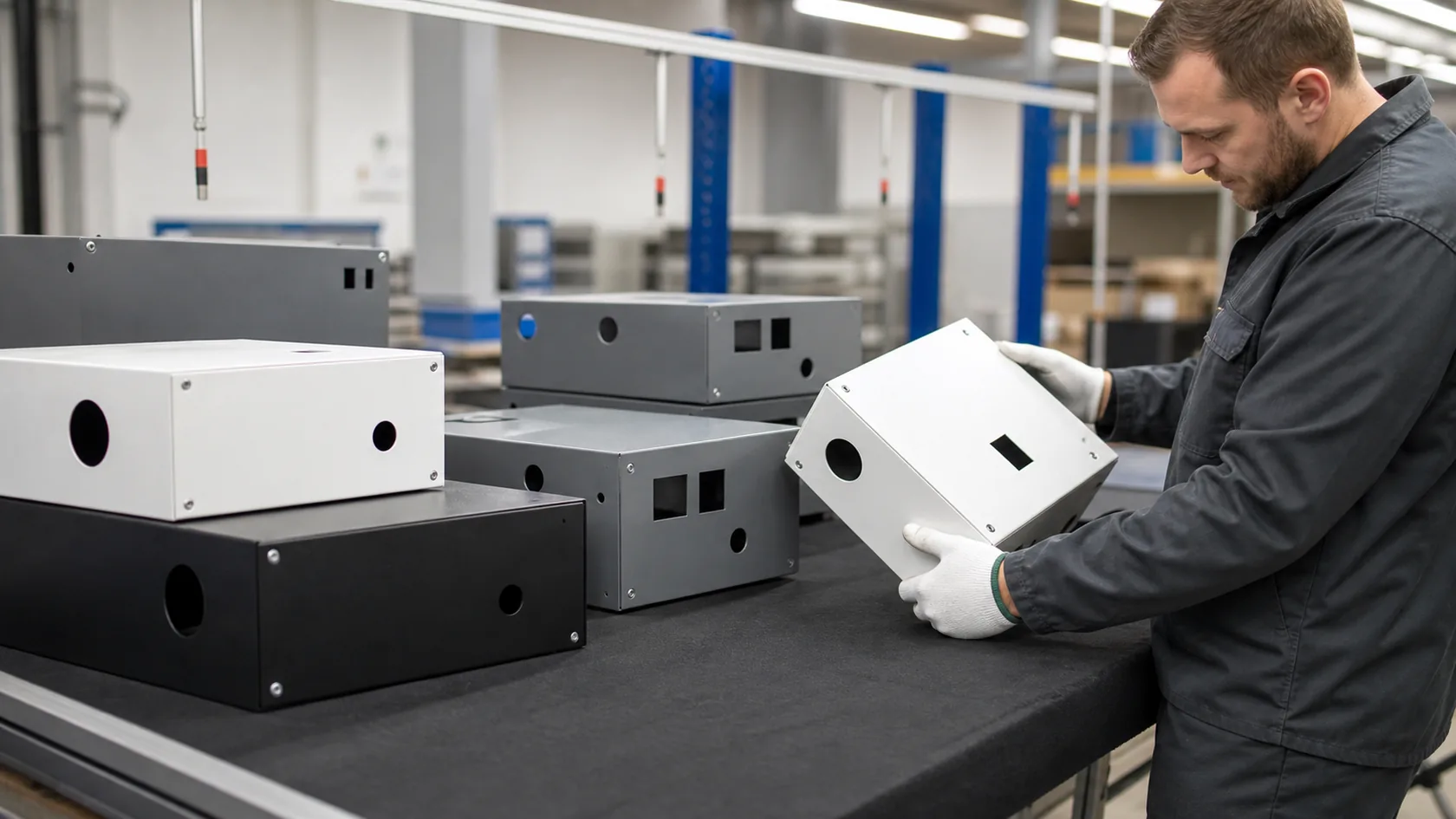 Powder-coated sheet metal enclosures inspected in matte industrial colors