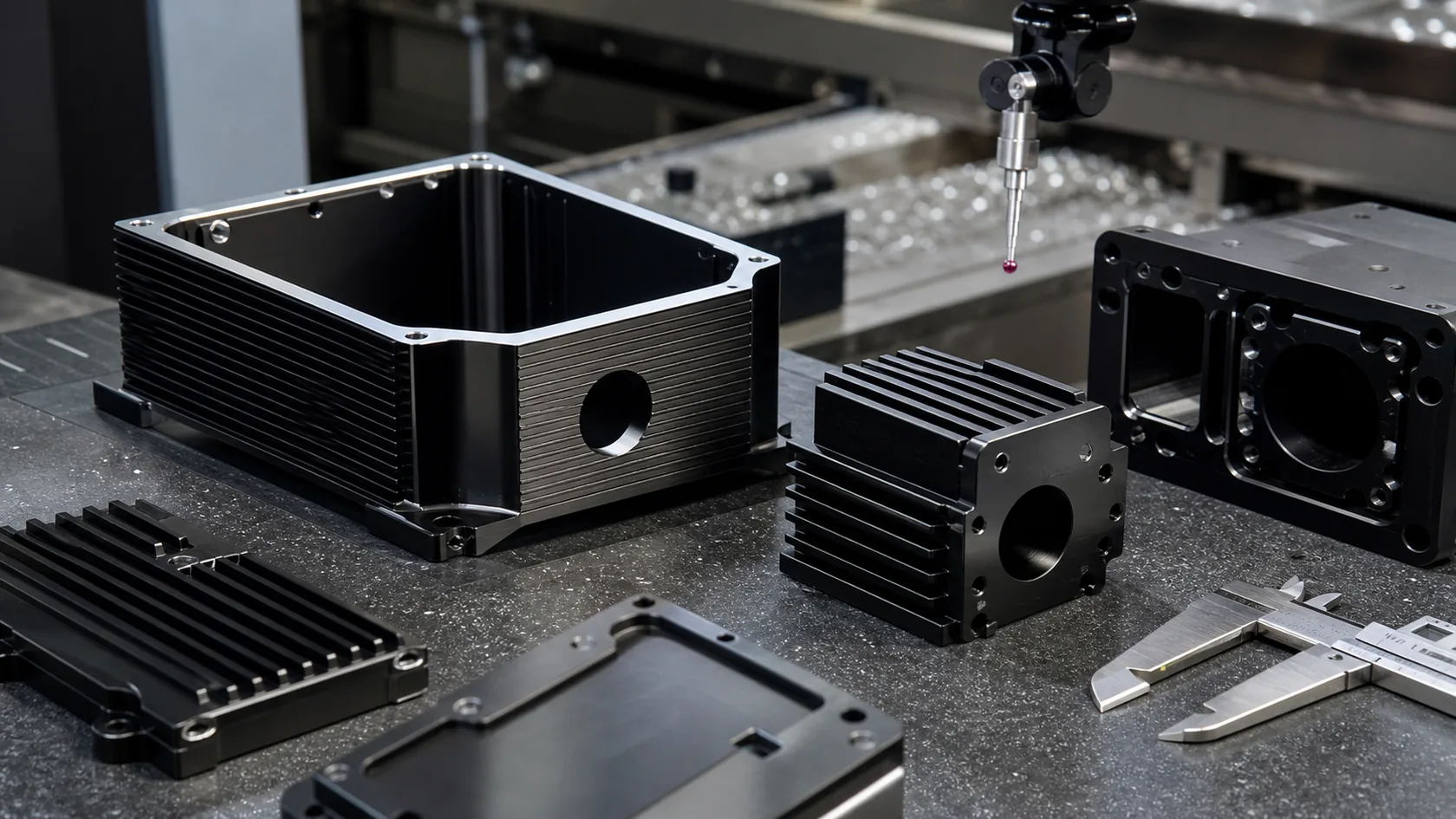 Black anodized aluminum extrusion enclosures and CNC machined housings under inspection