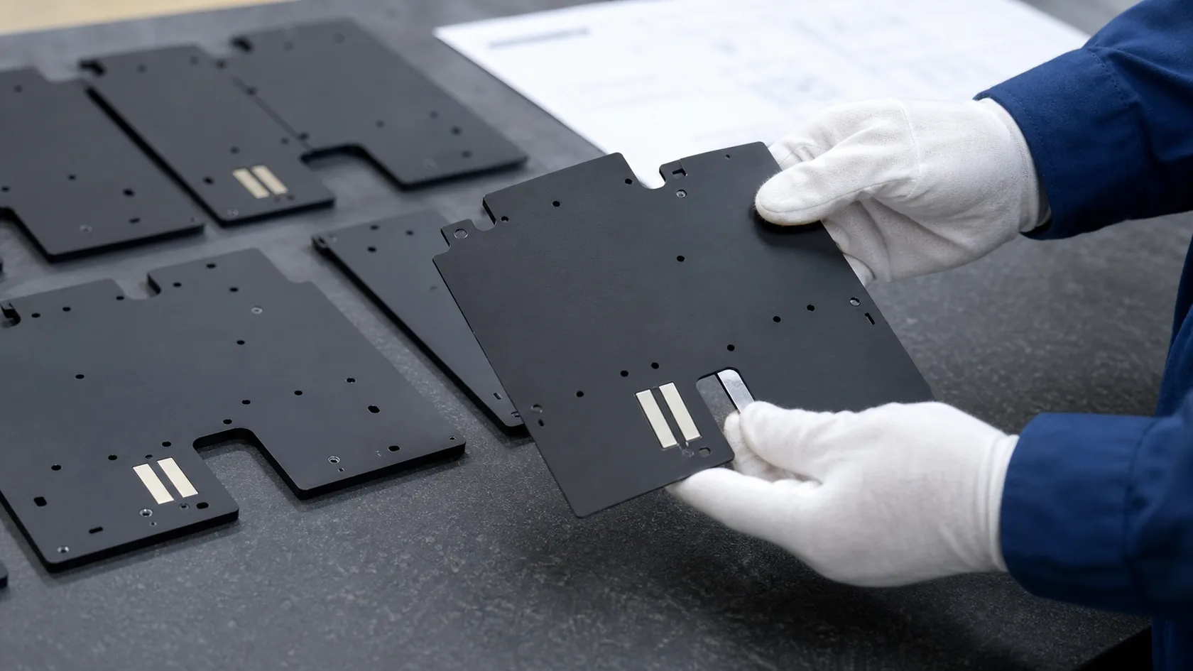 Anodized aluminum panels inspected for shade variation and contact surfaces
