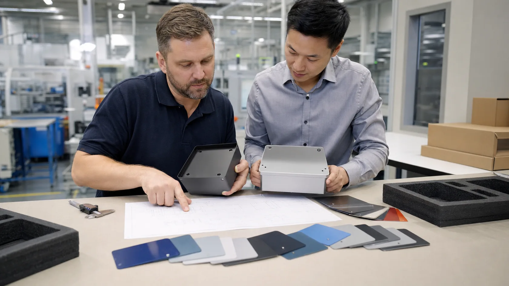 Supplier and engineer reviewing powder-coated and anodized enclosure samples
