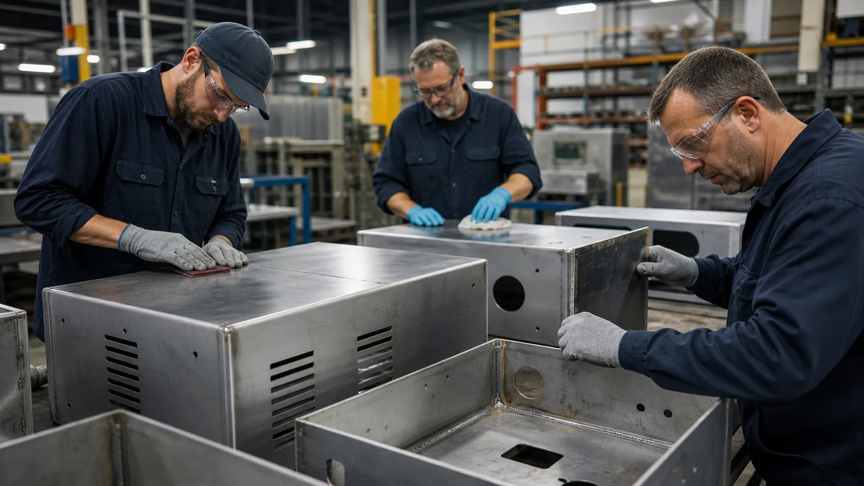 Workers preparing raw sheet metal enclosure parts before finishing