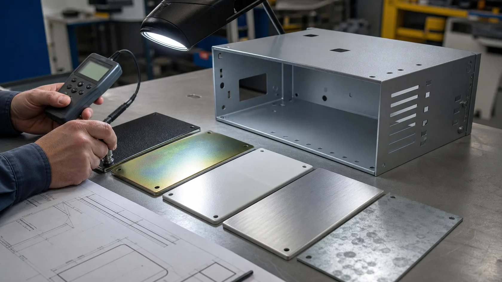 Powder-coated, plated, painted, brushed, and raw sheet metal finish samples