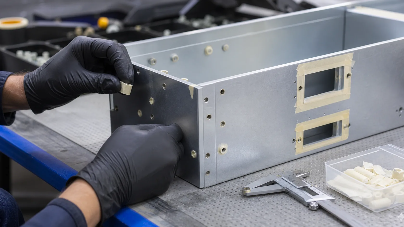 Technician masking threaded inserts and functional areas before coating