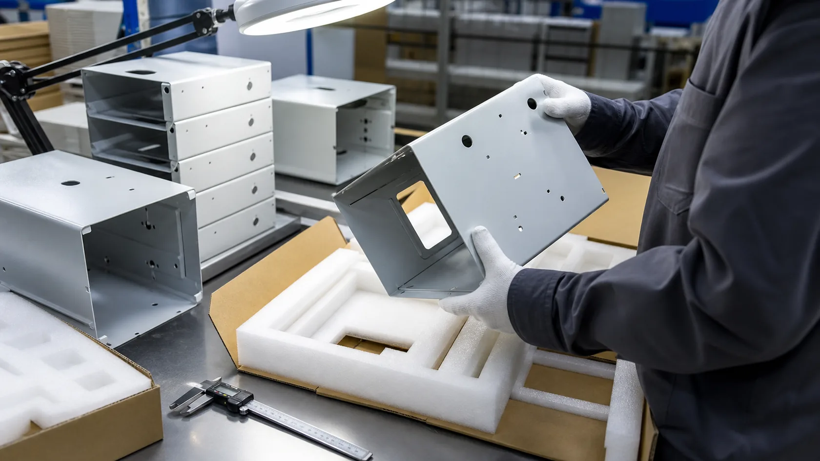 Final sheet metal enclosure inspection and protective packaging after finishing