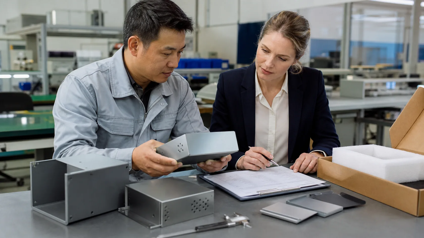 Supplier and buyer reviewing finished sheet metal enclosure samples and RFQ checklist