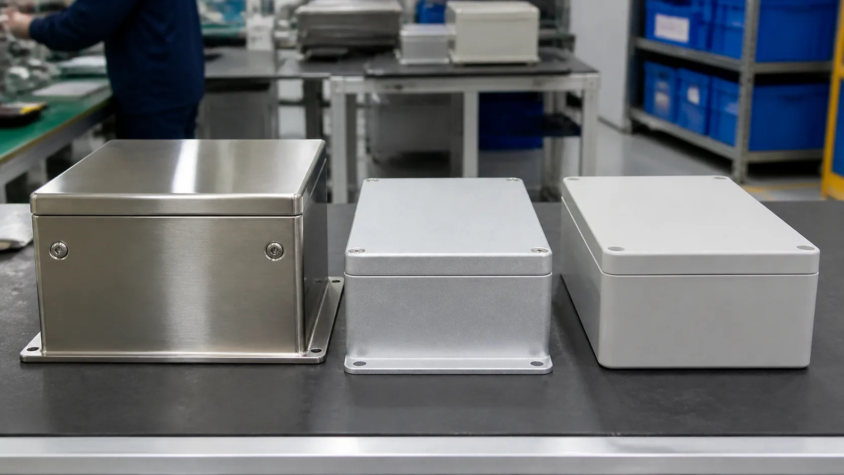 Steel aluminum and plastic electrical enclosure samples on a factory table