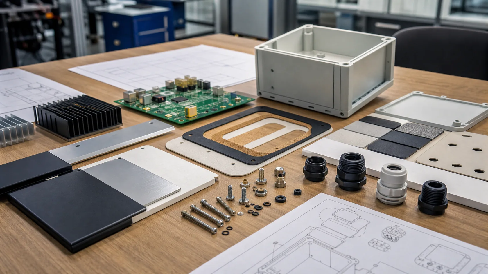 Enclosure materials cable glands gaskets PCB and heat sink components