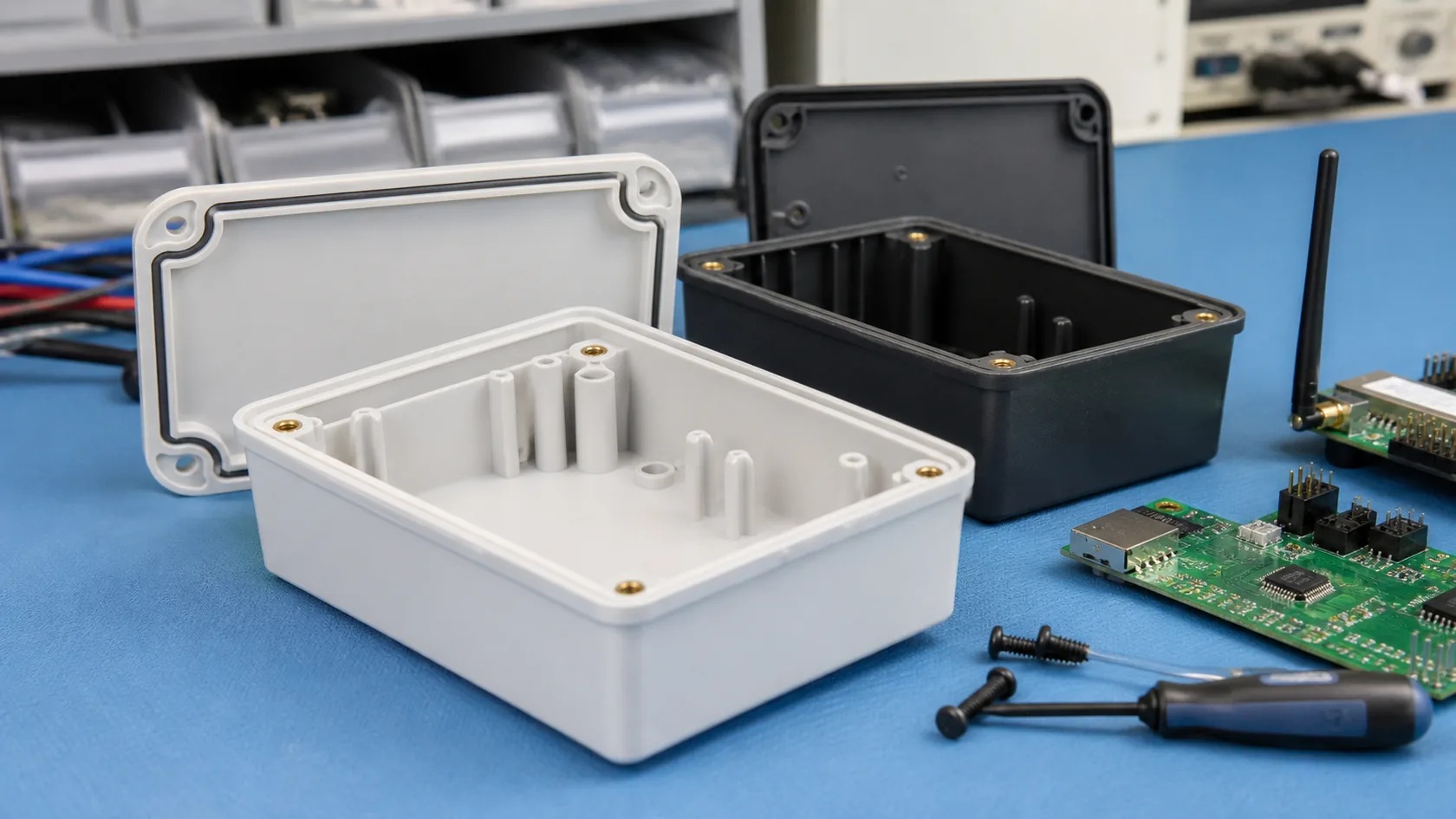 Plastic electrical enclosures with screw bosses gasket groove and wireless electronics