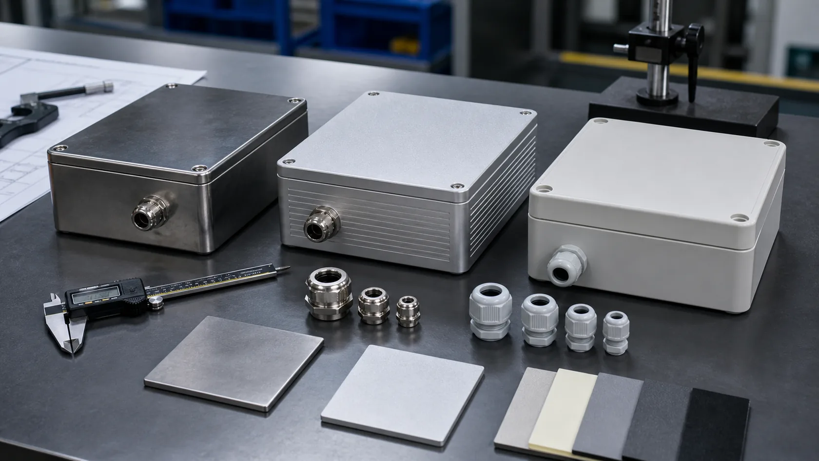Steel aluminum and plastic enclosure side by side comparison with material samples