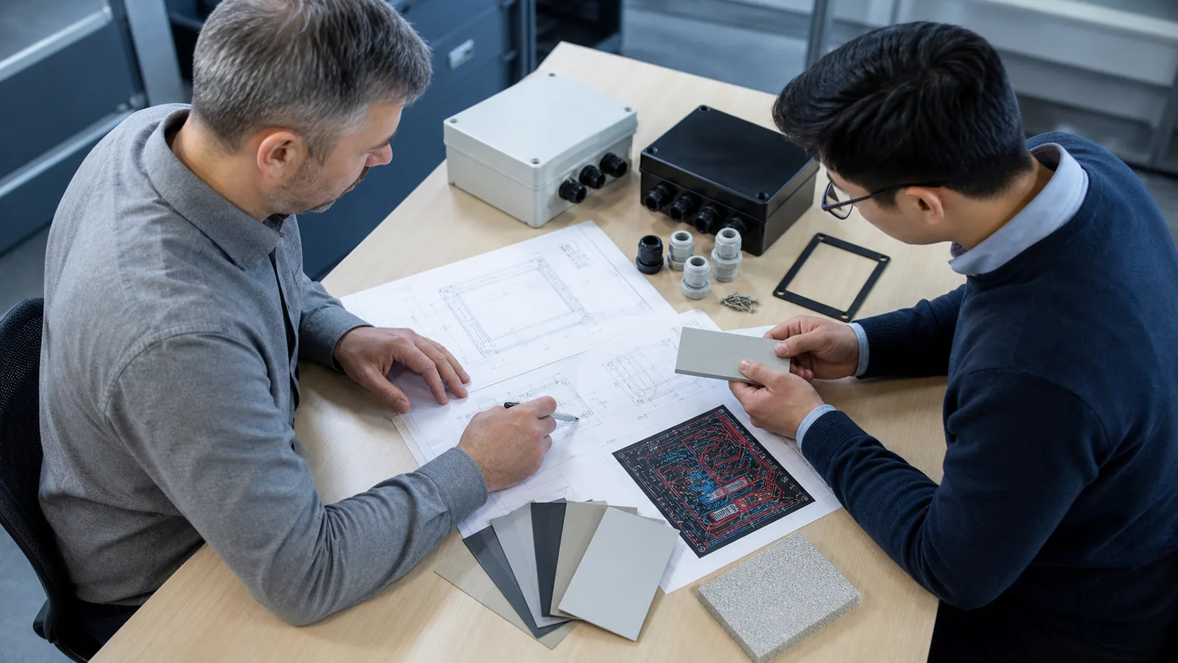 Supplier and engineer reviewing custom enclosure material choices