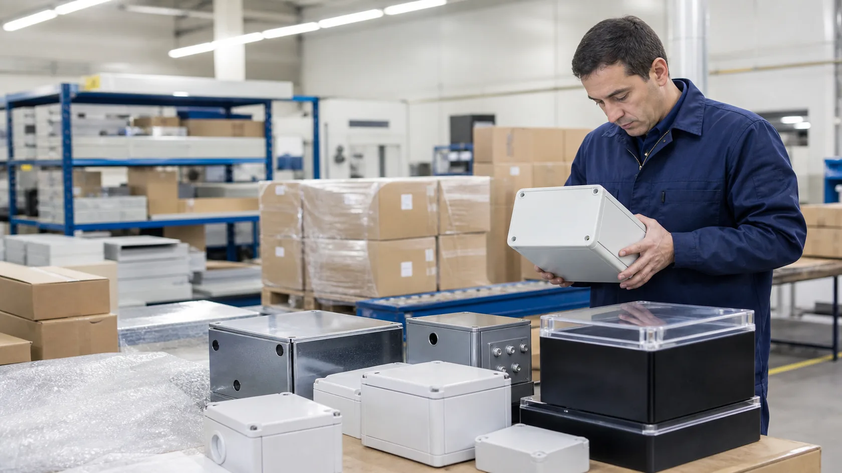 Final inspection of mixed material electrical enclosures before packaging