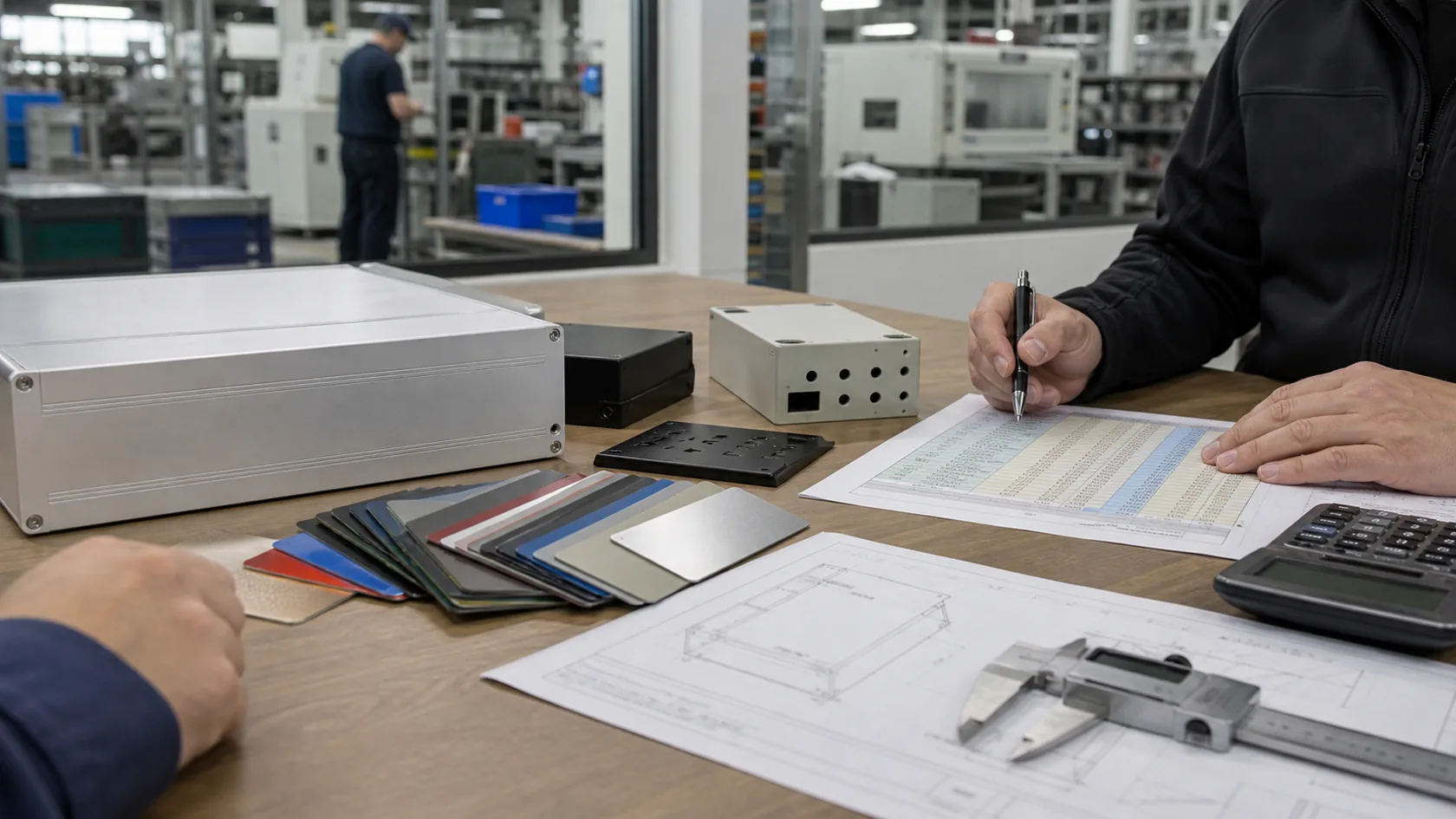 Custom enclosures and finish samples reviewed during surface finishing cost quotation