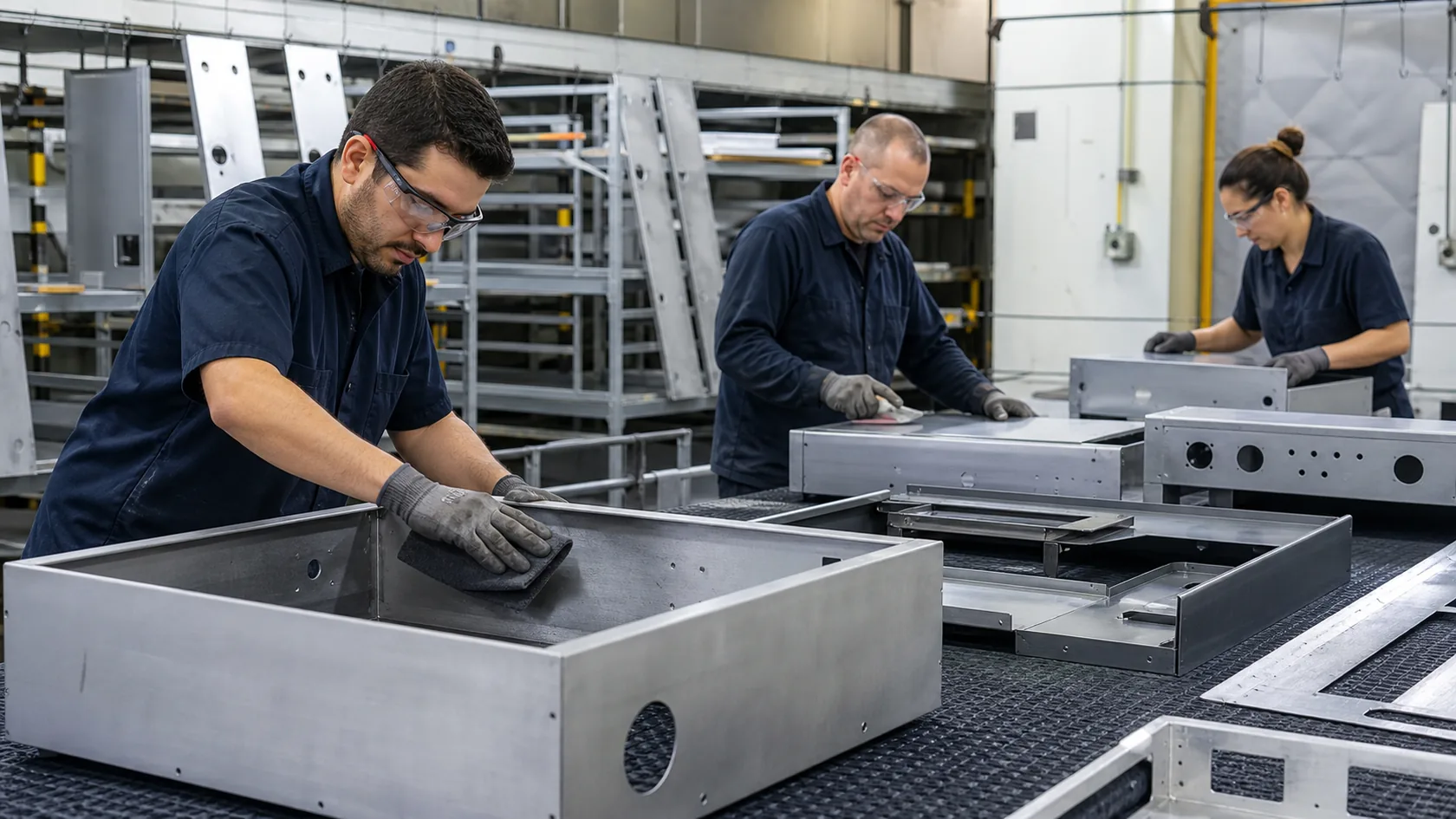 Workers preparing aluminum and sheet metal enclosure parts before surface finishing