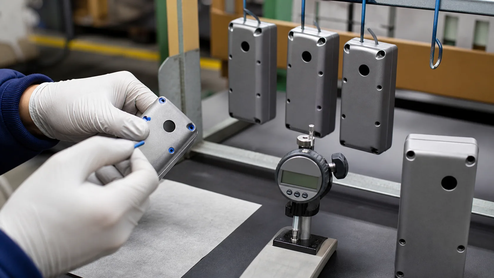 Masking, racking, and coating thickness inspection setup for enclosure finishing