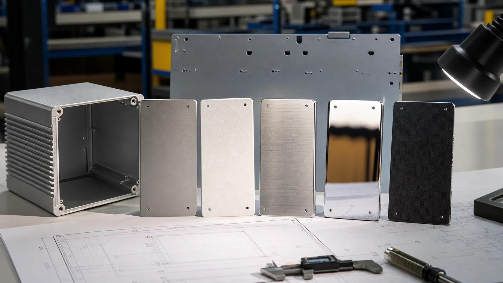 Anodized, powder-coated, brushed, polished, and printed enclosure finish samples