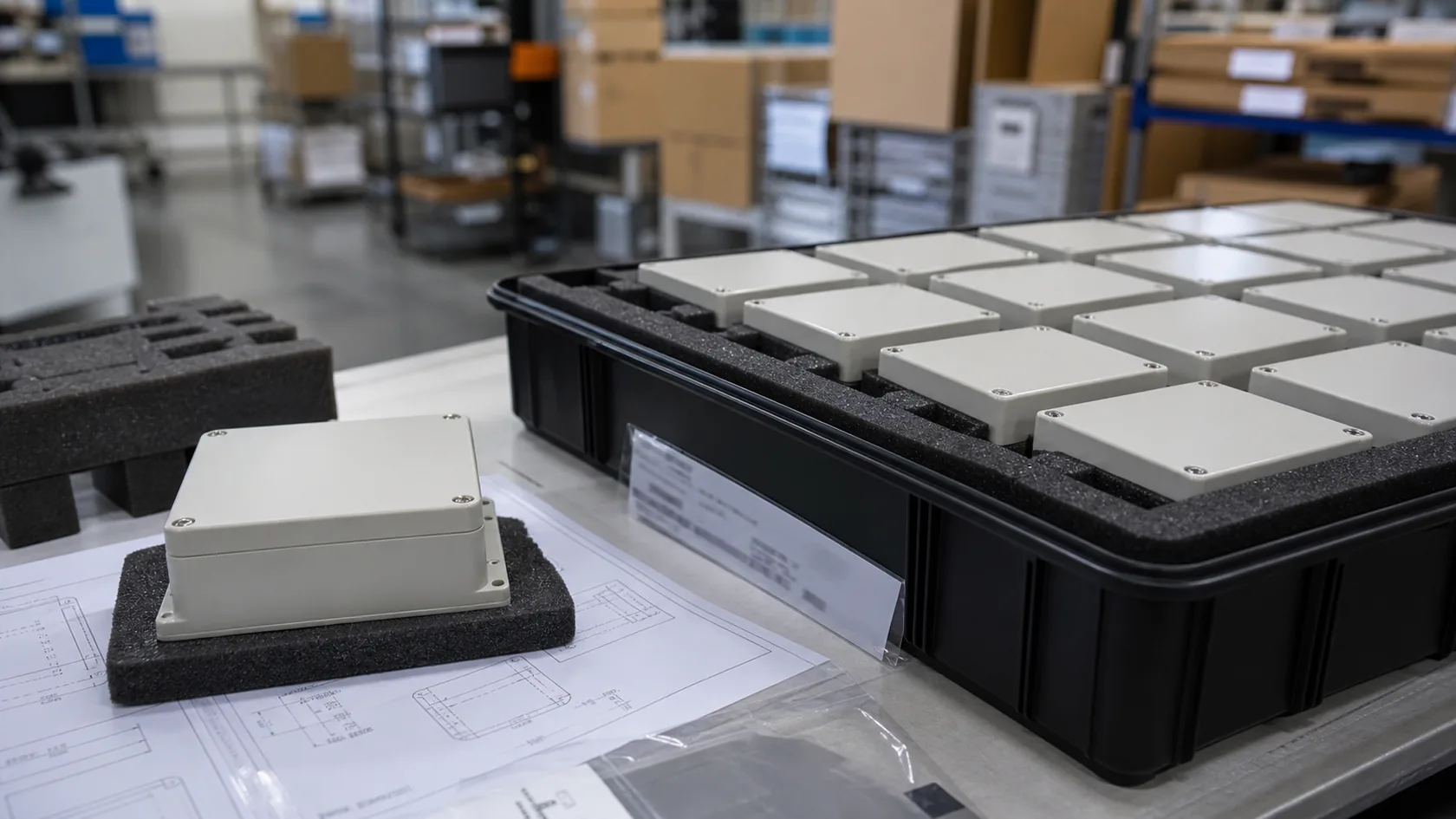 Prototype enclosure compared with a larger batch of finished enclosures ready for packaging