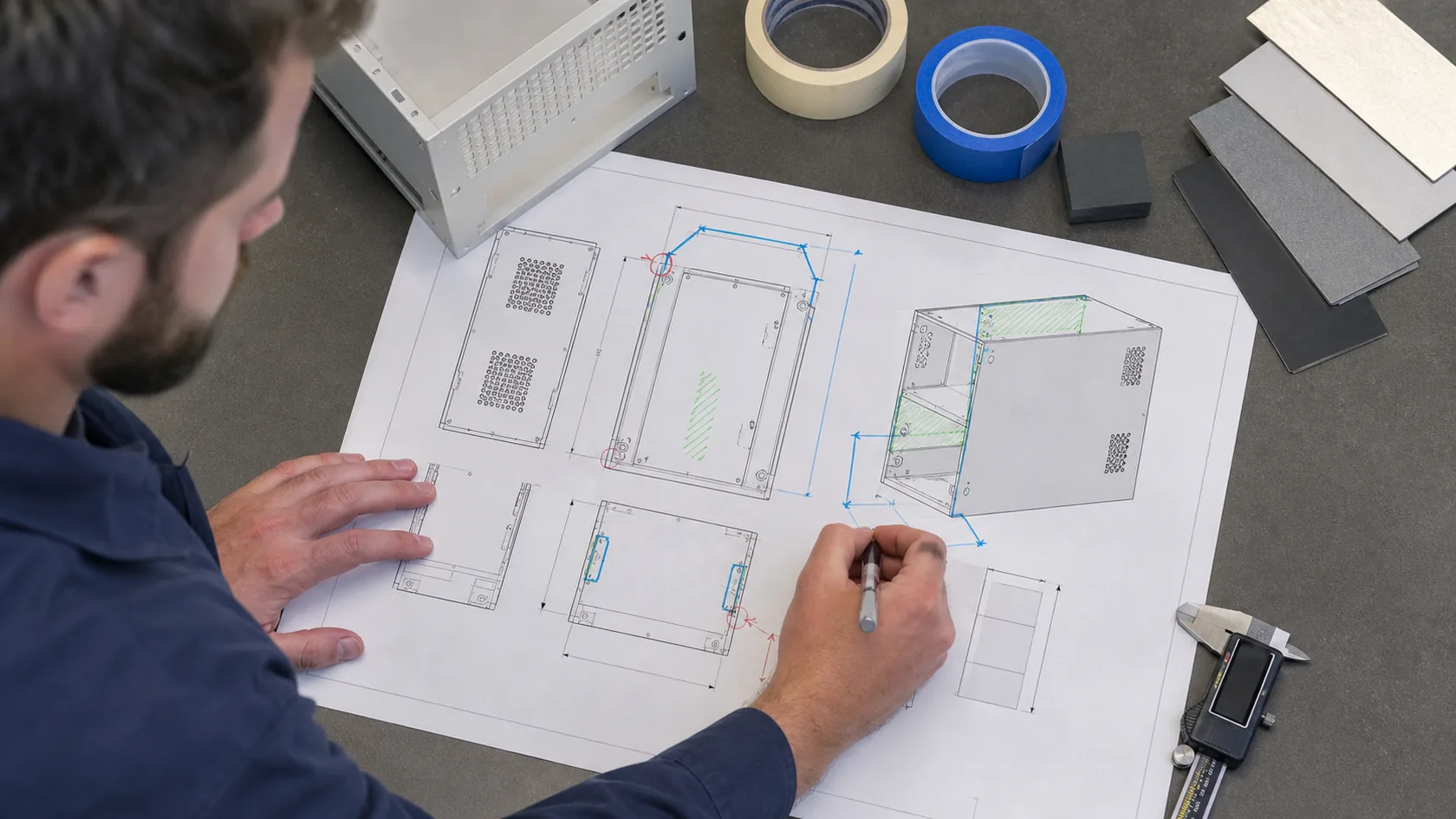 Engineer marking cosmetic surfaces, masking areas, and critical dimensions on enclosure drawing