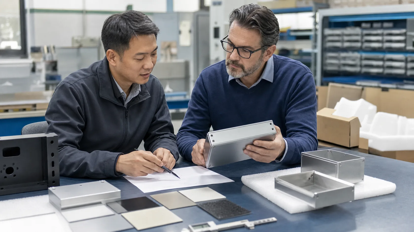Supplier and buyer reviewing finished enclosure samples and surface finishing quotation