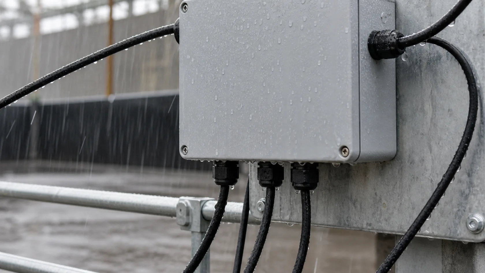 Rainwater following cable paths around outdoor enclosure cable glands
