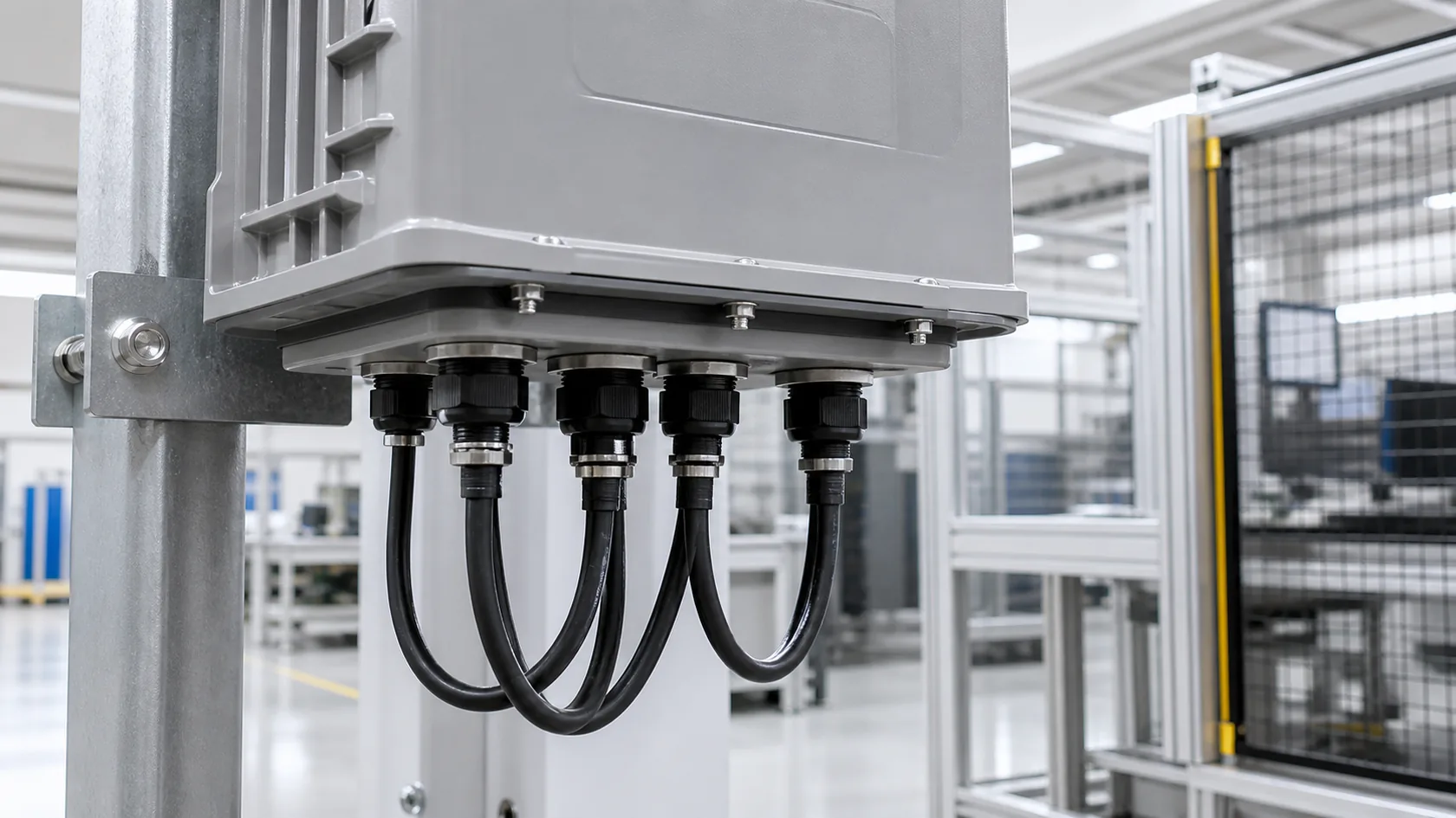 Bottom cable entry with drip loops and service clearance on outdoor enclosure