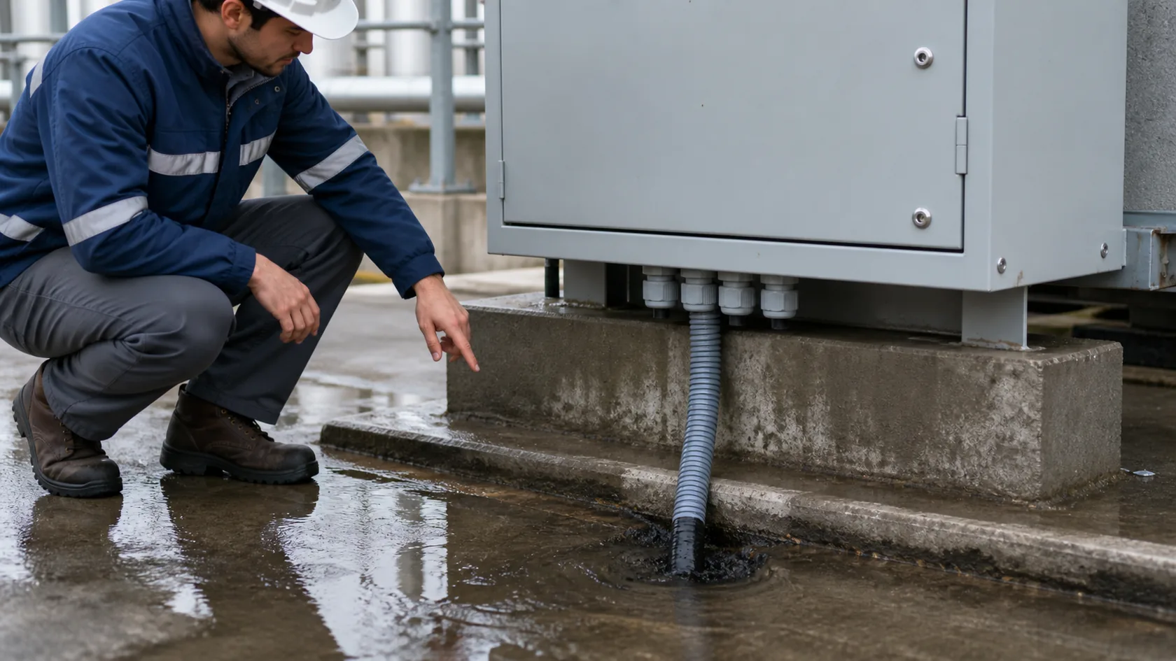 Bottom cable entry risk near wet base and underground conduit