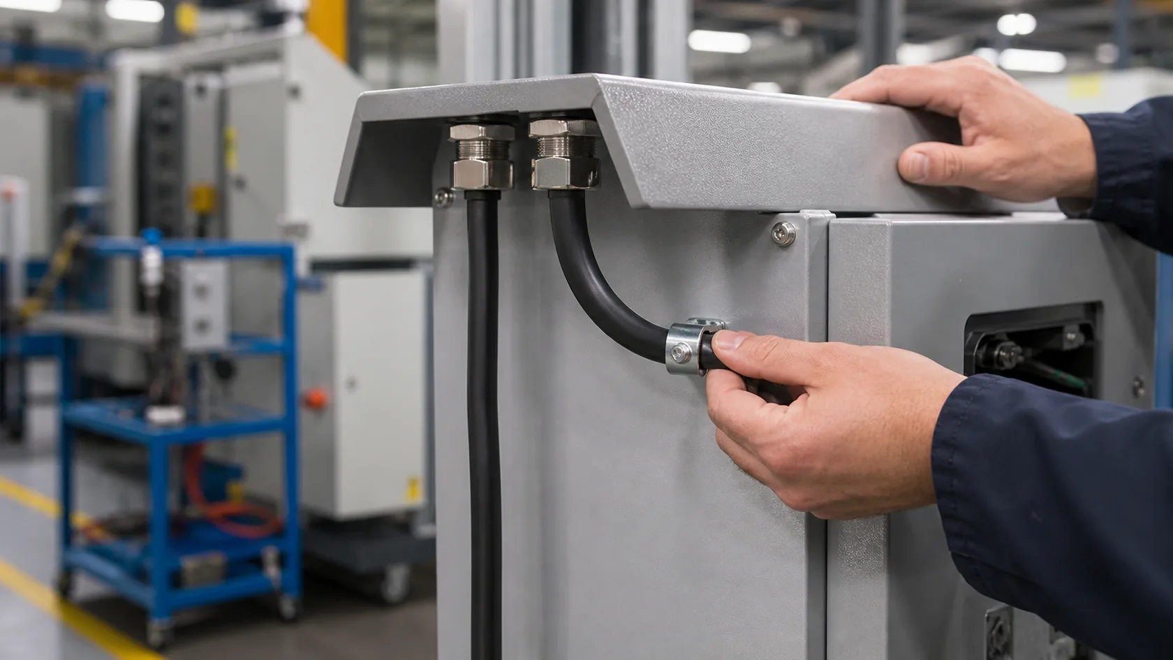 Protected side cable entry with rain hood and downward cable bend