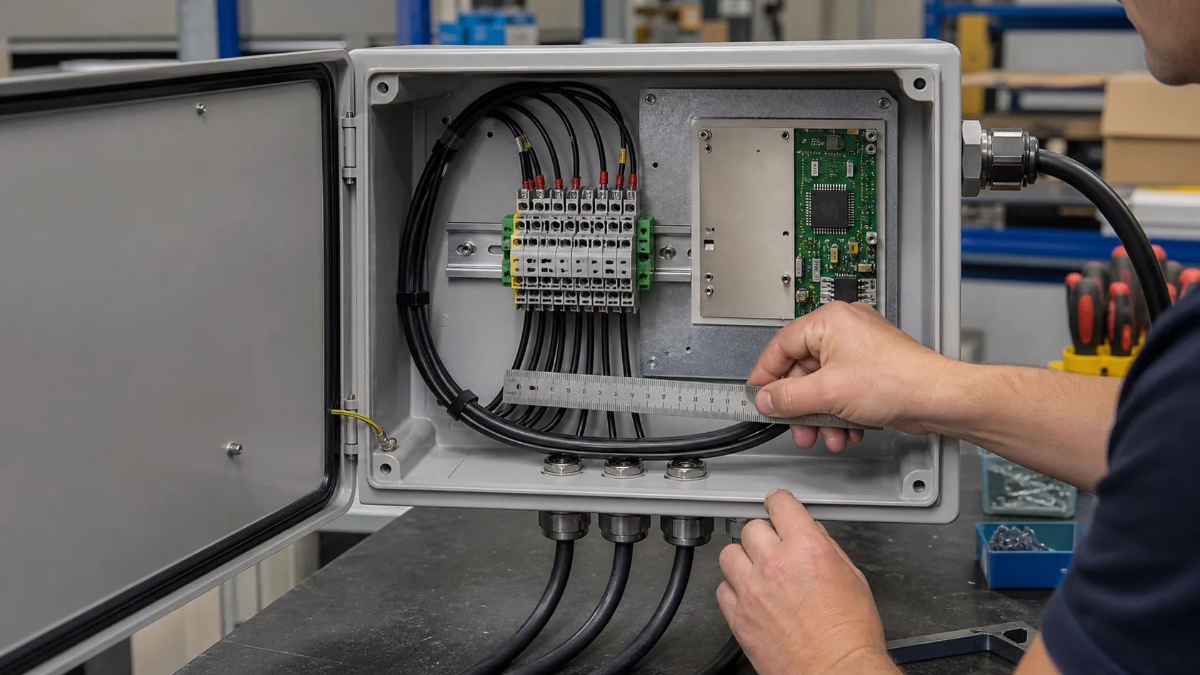 Internal cable bend radius and layout checked inside outdoor enclosure